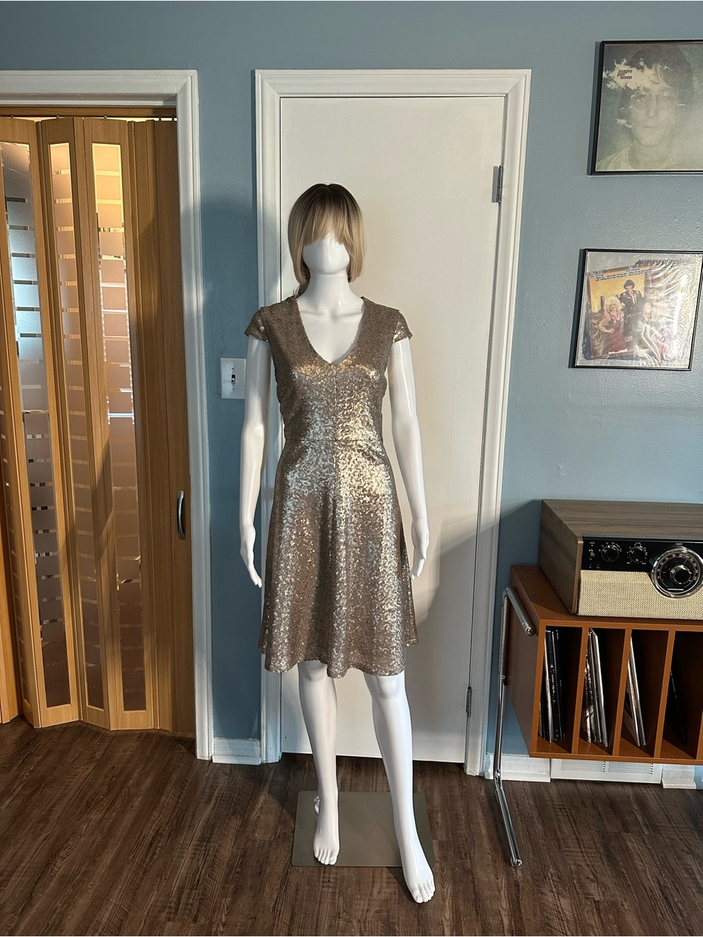 Shimmer Sequin V-Neck Dress - Gold NWT